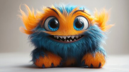 Fototapeta premium A colorful, furry monster with big eyes and sharp teeth.