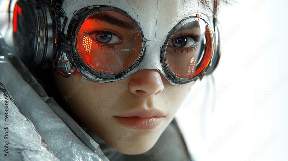 Poster close-up of a futuristic character with goggles and intense gaze.