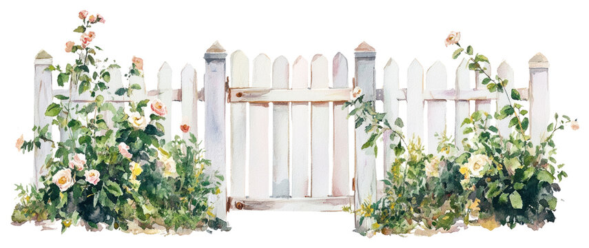 PNG  White wooden garden fence door with flowers bushes illustration watercolor outdoors.