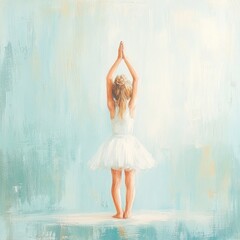 Naklejka premium A young girl standing in a yoga pose, in a peaceful setting with soft pastel colors, evoking tranquility and mindfulness.