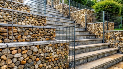Gabion Metal Baskets Filled with Rock Fragments Next to Stairs Decorative Architecture