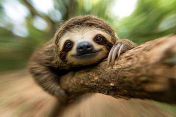 Fototapeta premium A sloth holding onto tree branch with playful expression.