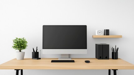 A minimalist workspace featuring a computer, desk accessories, and a plant, creating a clean and organized office environment.