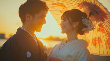 アジア系の男女が和装と赤系の和傘を持って海を背景に笑顔になっている横からの画像