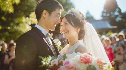 アジア系の男女が結婚式を挙げて大勢の人々から祝福されている画像