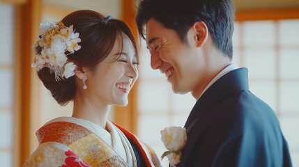 アジア人の男女が日本の神社の控室で笑顔で向かい合っている横からの画像