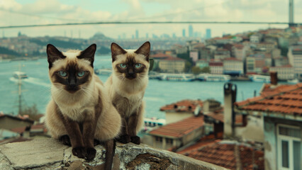 Two Siamese cats sitting on a rooftop overlooking a cityscape