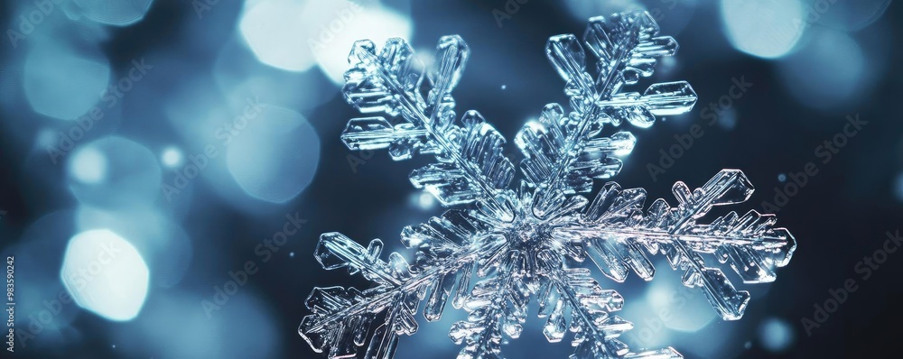 Poster a beautiful close-up of a snowflake, showcasing intricate patterns and sparkling details against a d