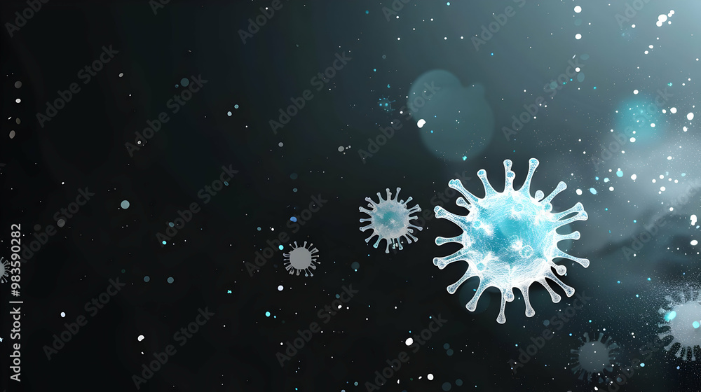 Poster abstract 3d rendering of a coronavirus particle on a black background with blurred lights and glowin
