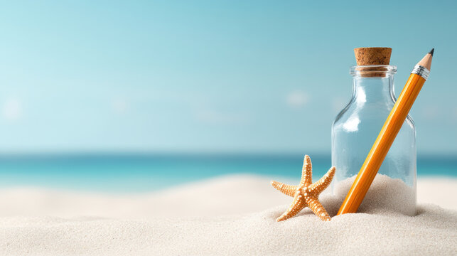 A message in bottle with starfish and pencil on sandy beach.