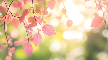Fototapeta premium Delicate pink leaves on thin branches with green foliage and sunlight filtering through in a serene nature scene