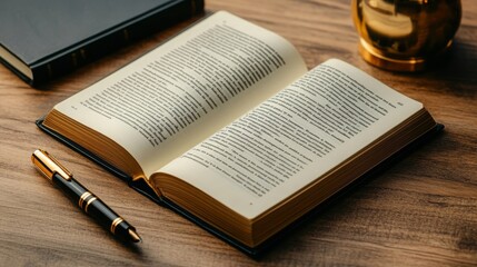 Fototapeta premium Open Book with Gold Pen on Wooden Table