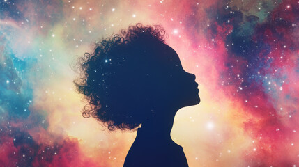 A childs silhouette against vibrant cosmic backdrop filled with colorful stars and nebulae evokes sense of wonder and imagination