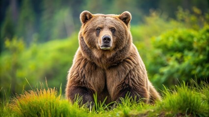 Fototapeta premium Majestic grizzly bear in dominating pose showcasing strength and presence on grassy patch