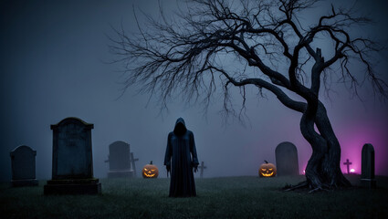A dark and mysterious photograph capturing the eerie essence of Halloween, with a low-key lighting setup that accentuates the shadows, against a backdrop of deep blues and purples