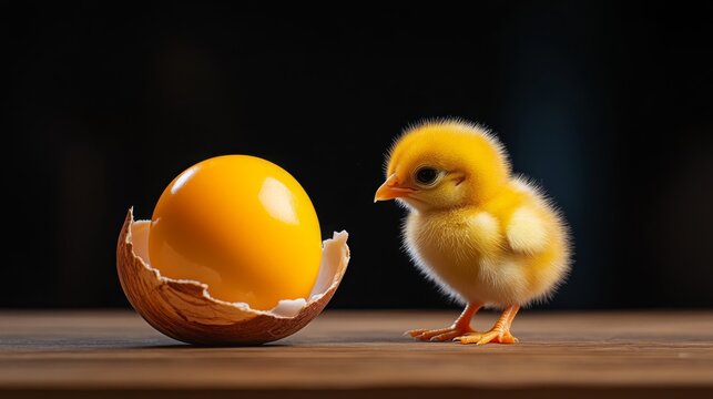 Newborn Chickling Hatching from Egg Shell on Wooden Table
