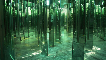 Infinity mirror installation with a golden, reflective maze of light