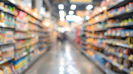 Fototapeta premium Abstract Blurred Background of a Supermarket Aisle, Featuring Rows of Products on Shelves, Blurry Lights, and the Out-of-Focus Shapes of People Shopping