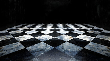 A 3D rendering of a black and white checkered floor, with dark walls, creating a dramatic and mysterious atmosphere, perfect for a design background or backdrop.