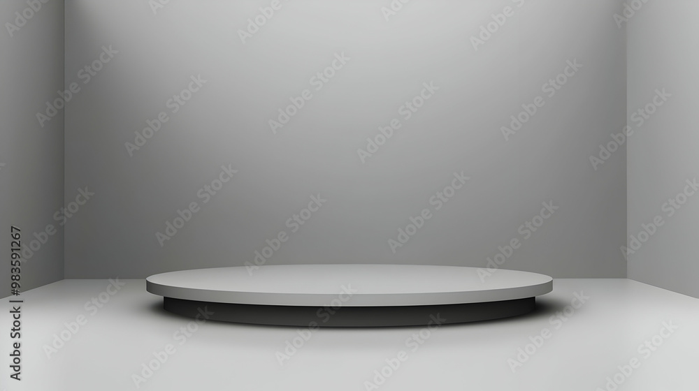Poster a minimalist 3d render of a round platform in a grey room, featuring a white top and black bottom fo