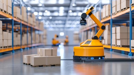 Fototapeta premium Industrial robot moving packages in a warehouse. Automation and logistics concept in modern manufacturing.
