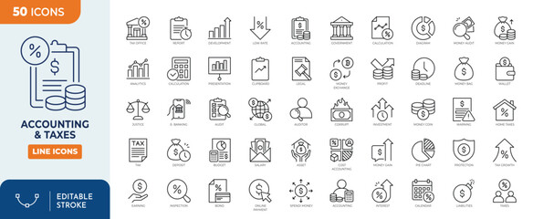 Accounting and taxes Icon set. Outline Icon Collection. Vector illustration. Editable stroke