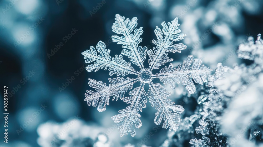 Poster a close-up of a delicate snowflake resting on a winter background, showcasing intricate patterns and