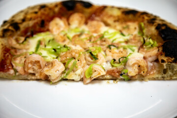 Rustic artisanal shrimp pizza with catupiry cheese and leeks