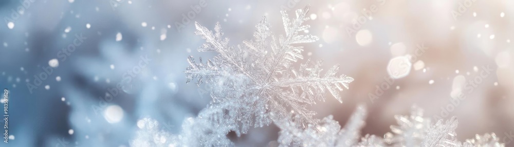 Poster close-up view of a delicate snowflake, showcasing its intricate design against a soft, wintery backg