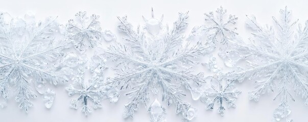 A delicate arrangement of intricate snowflakes showcasing winter beauty and cold elegance on a soft white background.