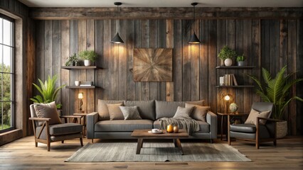 Fototapeta premium Dark farmhouse living room interior with a blank wall perfect for rustic decor inspiration