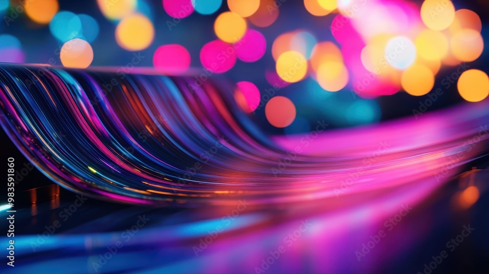 Poster abstract wave pattern with vibrant colors and blurred lights in the background.