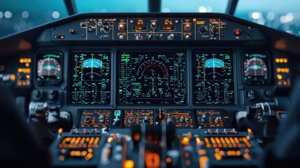 Naklejka premium Aircraft cockpit control panel with glowing instruments and displays.