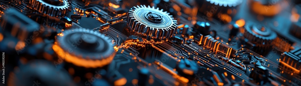 Poster close-up of intricate gears and circuitry illuminated with orange light.