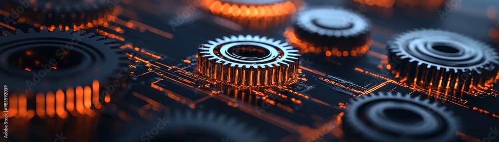Poster close-up of intricate gears in motion with a glowing technology backdrop.