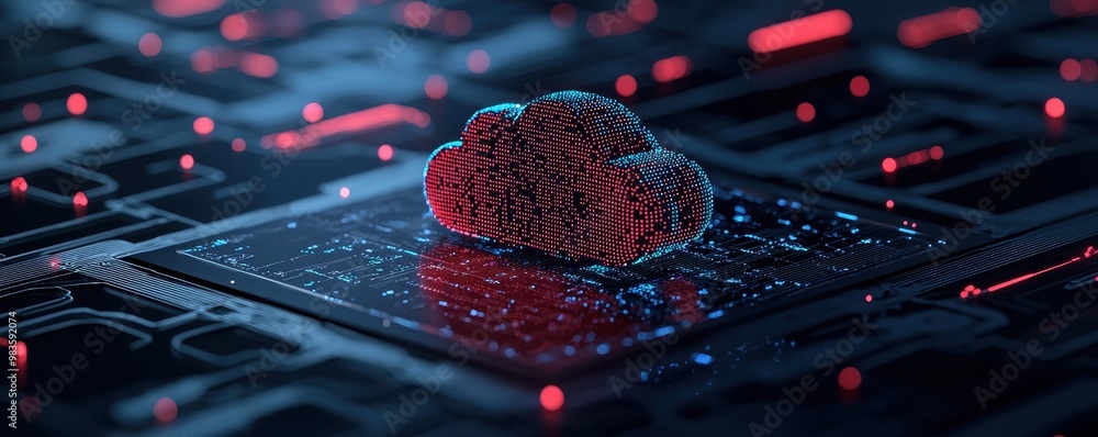 Poster cloud computing concept with neon visuals on a dark circuit board background.