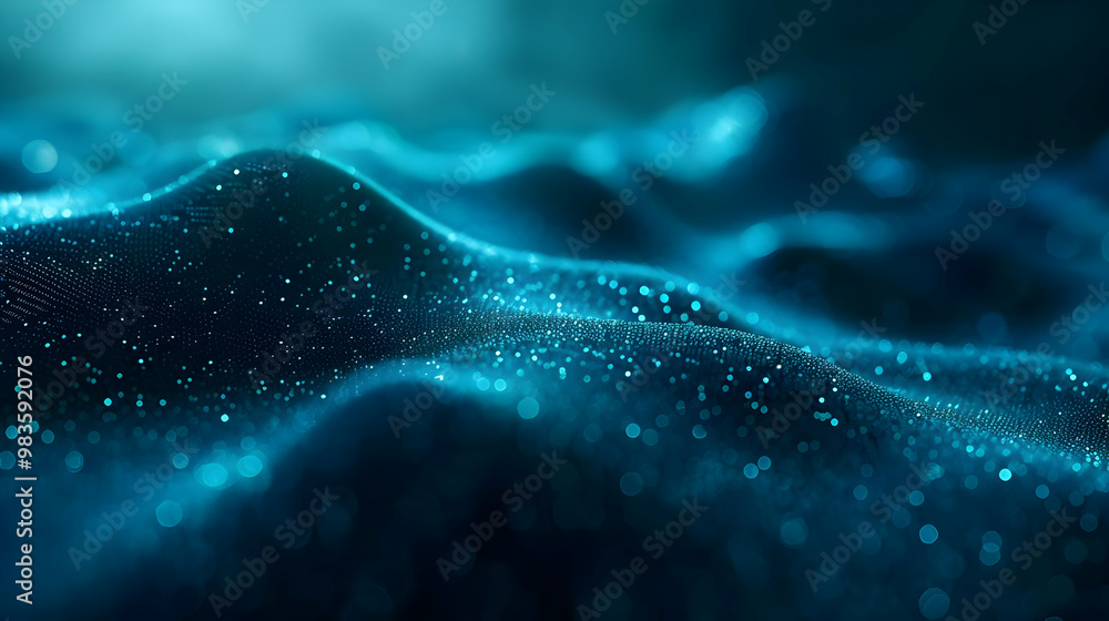 Poster abstract blue 3d rendered background with glittering particles and a wavy texture, creating a dreamy