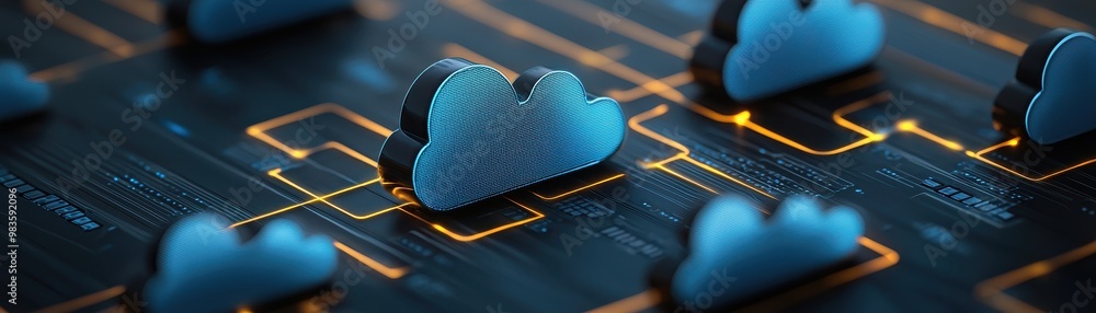 Poster cloud computing concept with stylish cloud icons on digital background.