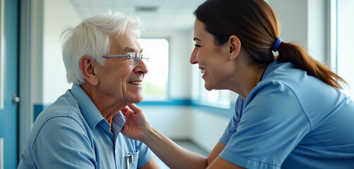 Obraz premium Elderly Man Sharing a Joyful Moment with Nurse in Hospital