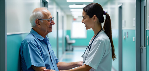 Obraz premium Elderly Man Enjoying a Warm Conversation with Nurse