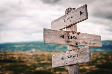 live life well text quote on wooden directional signpost outdoors in nature