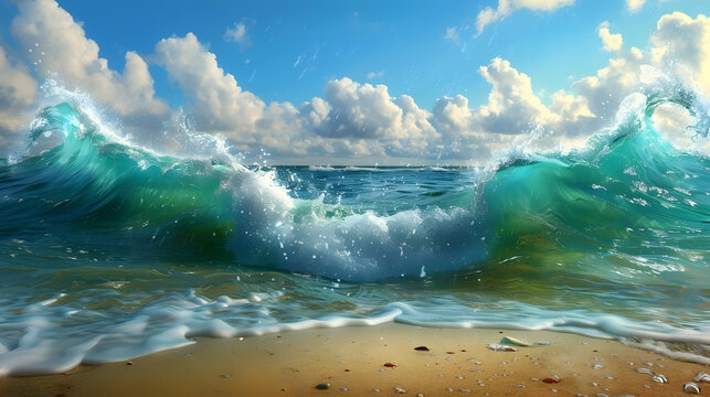 A Stunning Photo of a Large Ocean Wave Crashing on a Sandy Beach with a Bright Blue Sky and Fluffy White Clouds Above