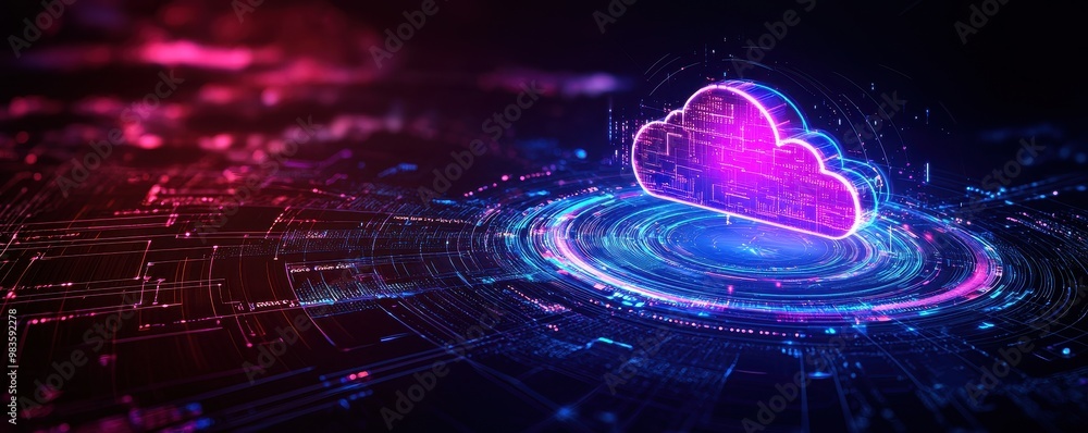 Poster colorful cloud computing graphic with digital data connections in dark background.