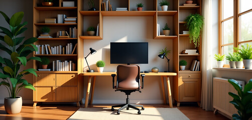 Cozy Home Office Setup with Greenery and Natural Light
