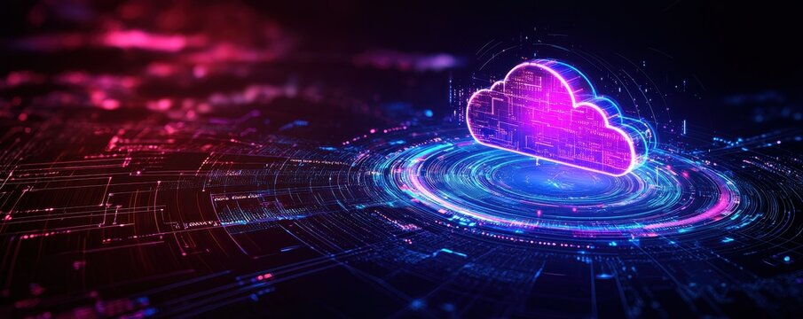 Colorful cloud computing graphic with digital data connections in dark background.