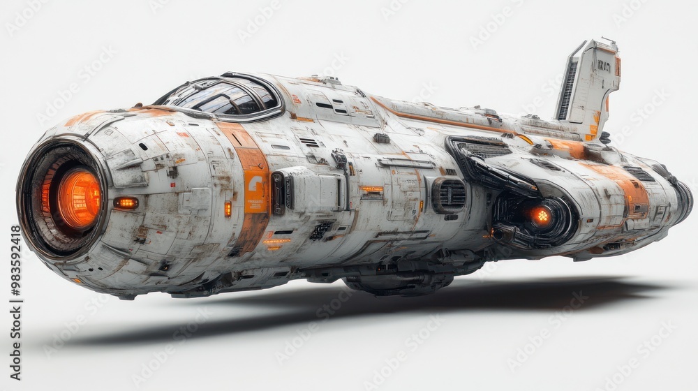Poster futuristic spaceship design with intricate details and glowing elements.