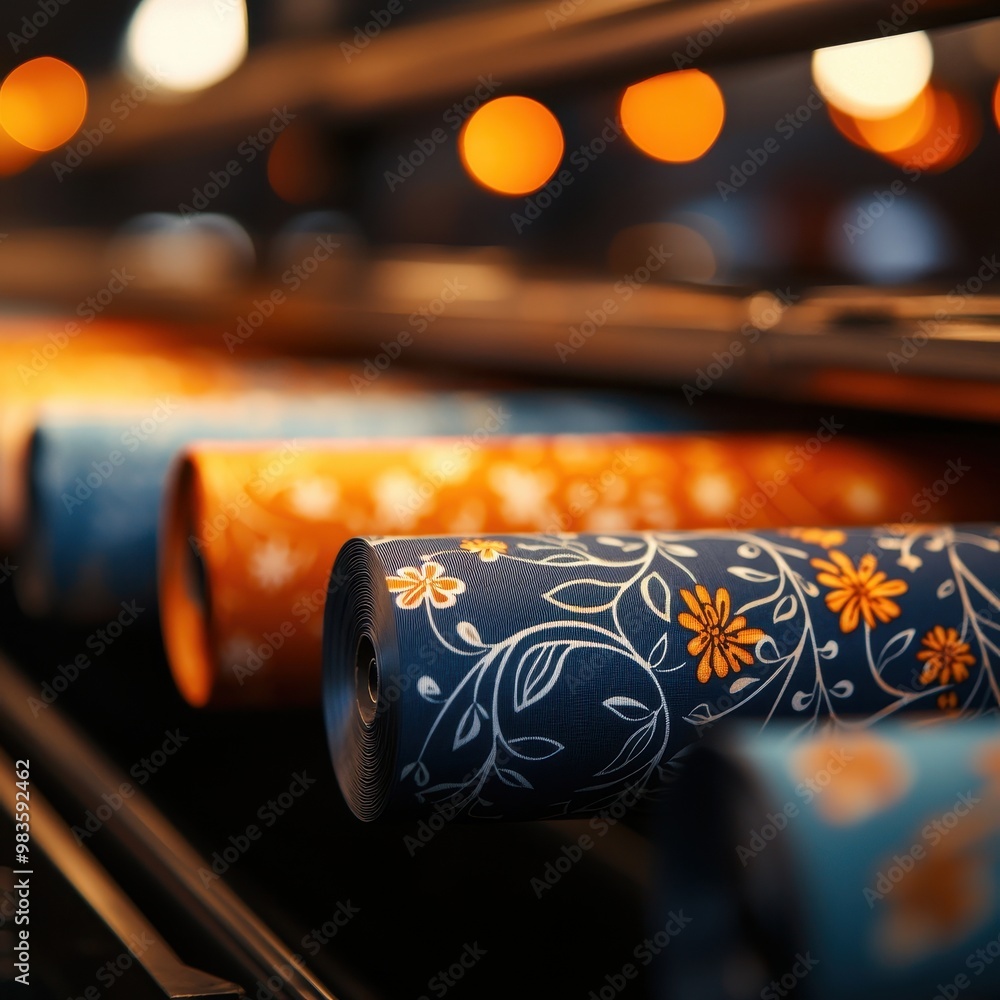Poster colorful patterned rolls of paper displayed on a shelf in a well-lit environment.