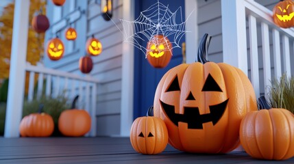 A festive display featuring carved pumpkins on a porch, adorned with decorative lights, symbolizing Halloween celebrations.