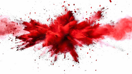 A vibrant red powder explosion captured mid-air against a stark white backdrop, creating a striking contrast of color and movement. The crimson dust bursts outward in a chaotic yet symmetrical pattern