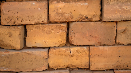 Obraz premium Close-up of an aged brick wall with rustic texture and earthy tones, highlighting the natural imperfections of the material.